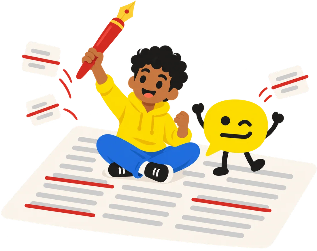 A young writer on a giant page holding up a giant red pen while Bubble cheers